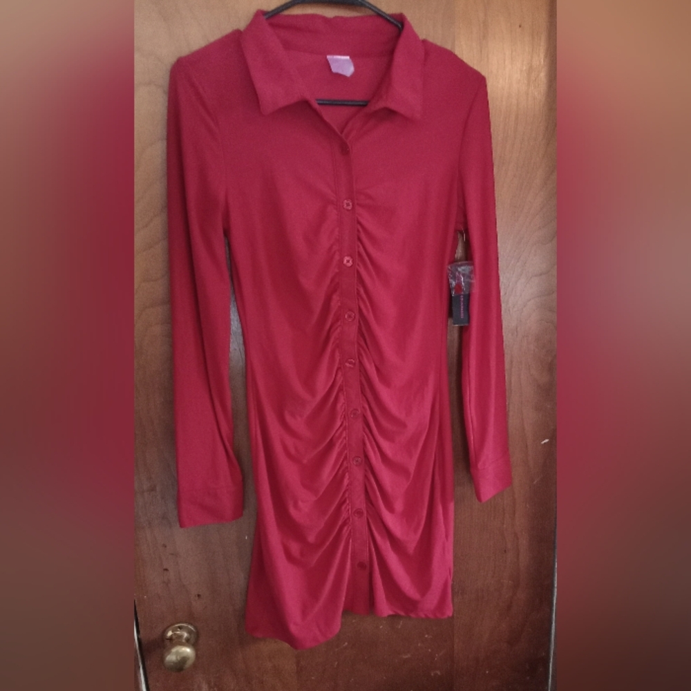 Rauched Red Button-Down Dress